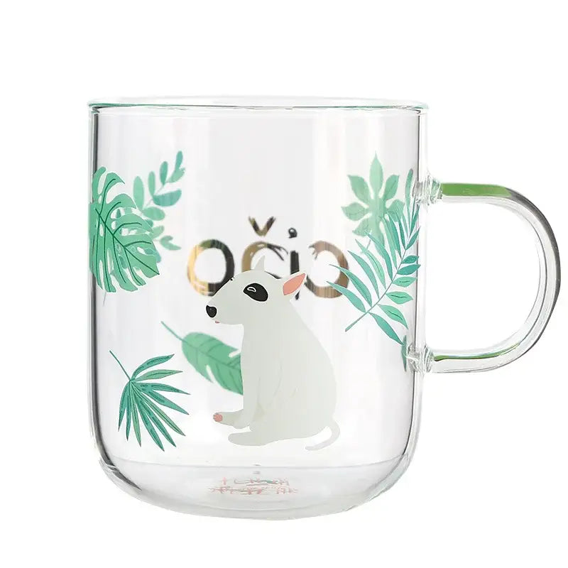 Clear glass coffee mug with white bull terrier illustration green tropical leaves and gold foil ocio text heat resistant