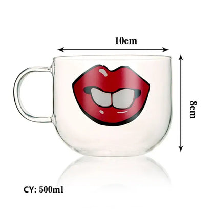Clear glass coffee mug with bold red cartoon lips design and 500ml capacity for heat resistant tea or coffee use