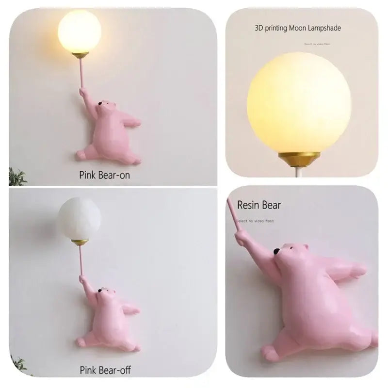 Pink resin bear wall lamp with spherical moon-shaped shade perfect for bedroom light in white blue and pink designs