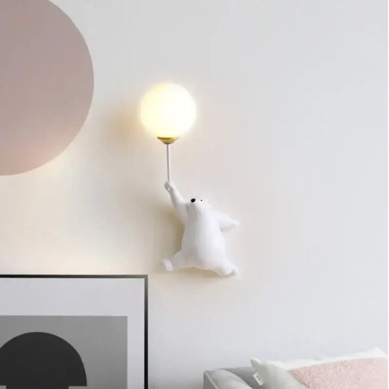 White polar bear wall lamp with frosted glass globe light fixture for bedroom in white blue and pink colors