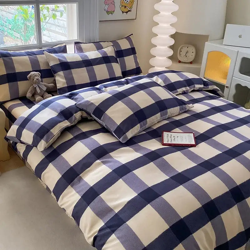 Blue and white checkered cute printed cotton duvet cover with plush teddy bear on pillows decorbites cute printed bedding set