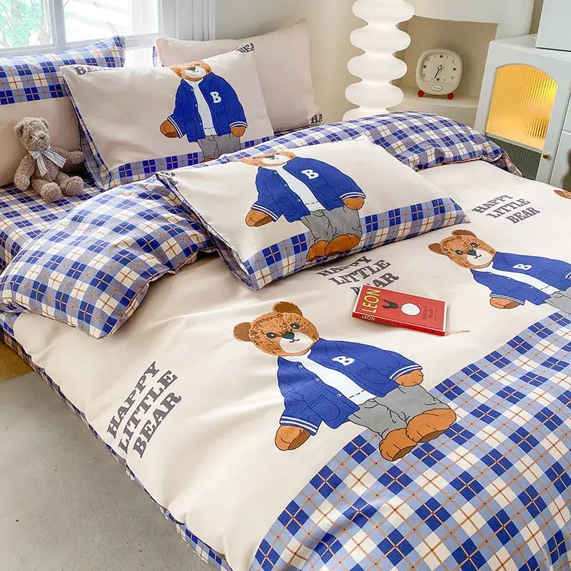 Cute printed cotton duvet cover in blue and white plaid with cartoon bears and happy little bear text decorbites cute printed