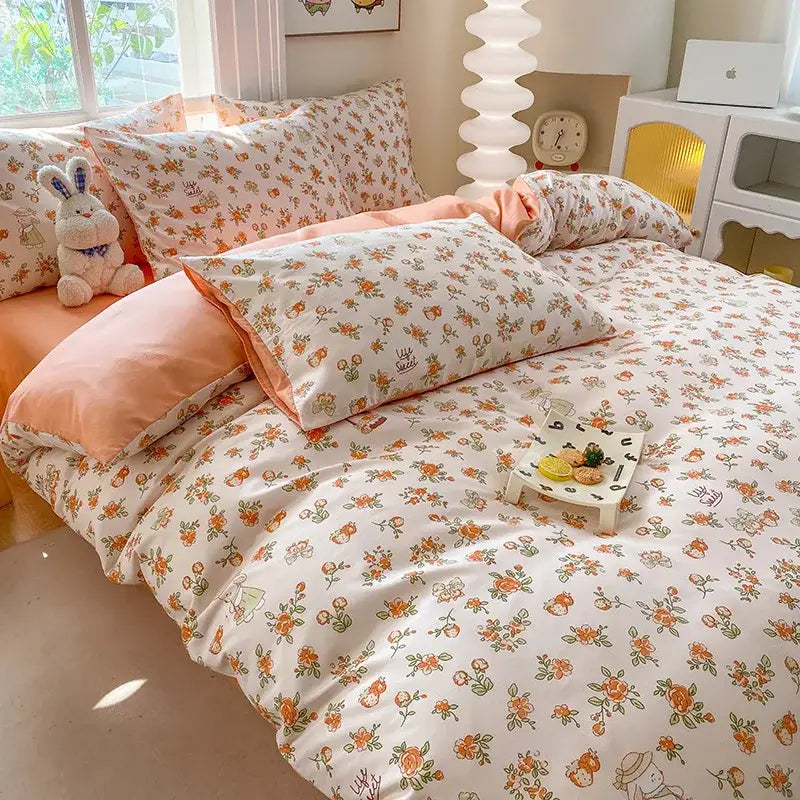Cream-colored cute printed cotton duvet cover with orange green blossoms and peach pillowcase for bedroom decorbites cute printed set