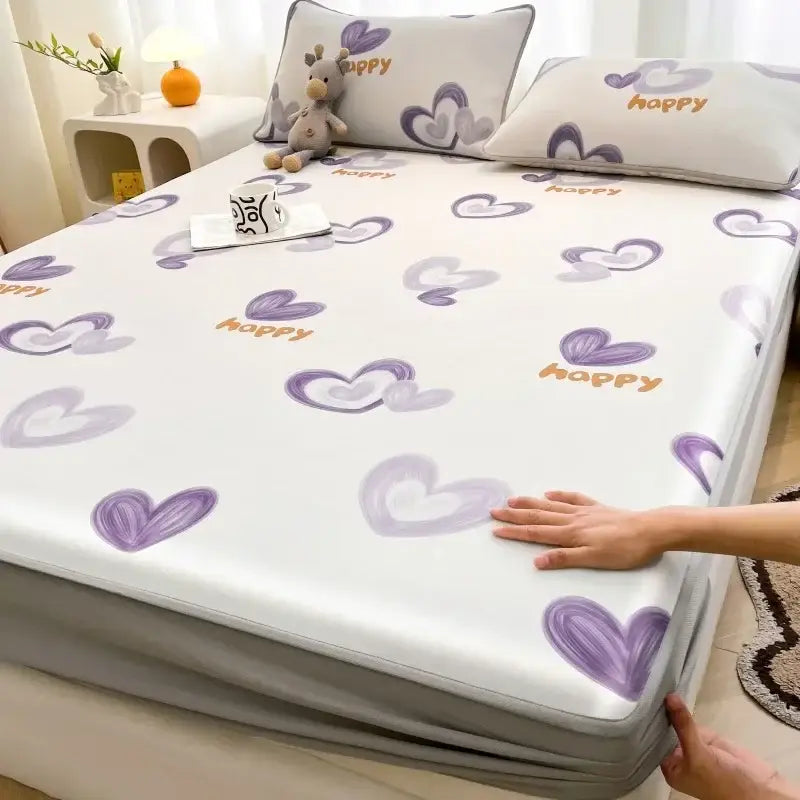 White mattress protector with purple and orange heart patterns and happy text part of decorbites cooling ice silk mattress set