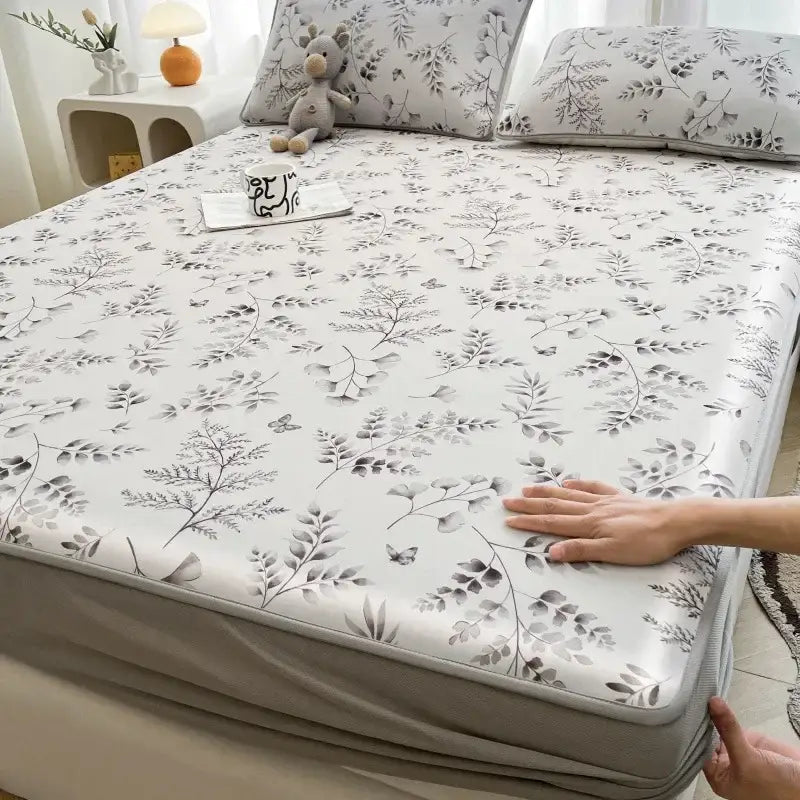 White bed sheet of cute rabbit floral mattress set with gray botanical print made of decorbites cooling ice silk