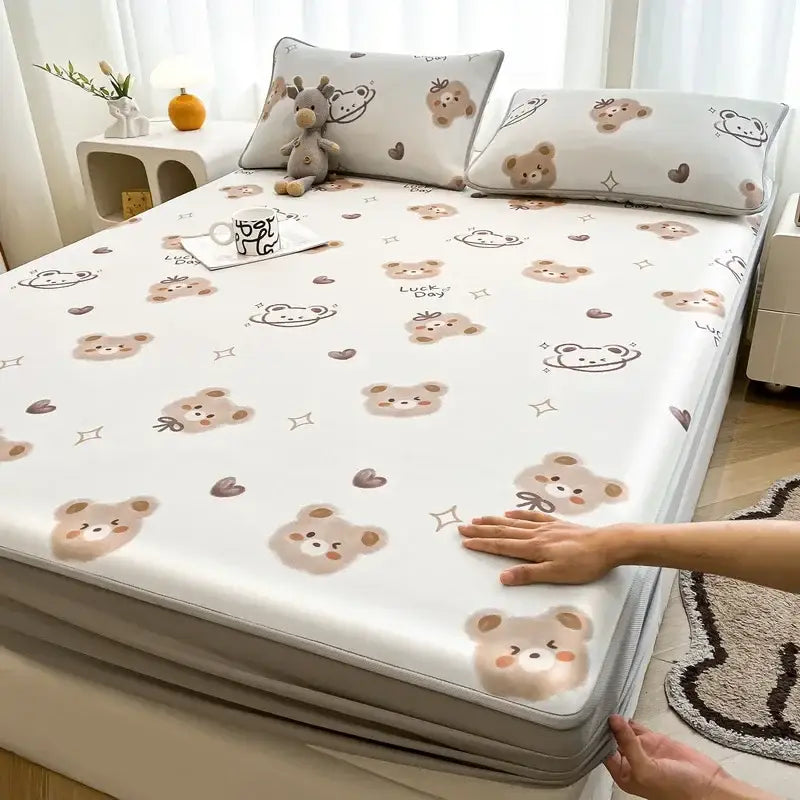 White mattress set with cooling ice silk fabric featuring cute beige teddy bear and heart pattern for decorbites cooling ice