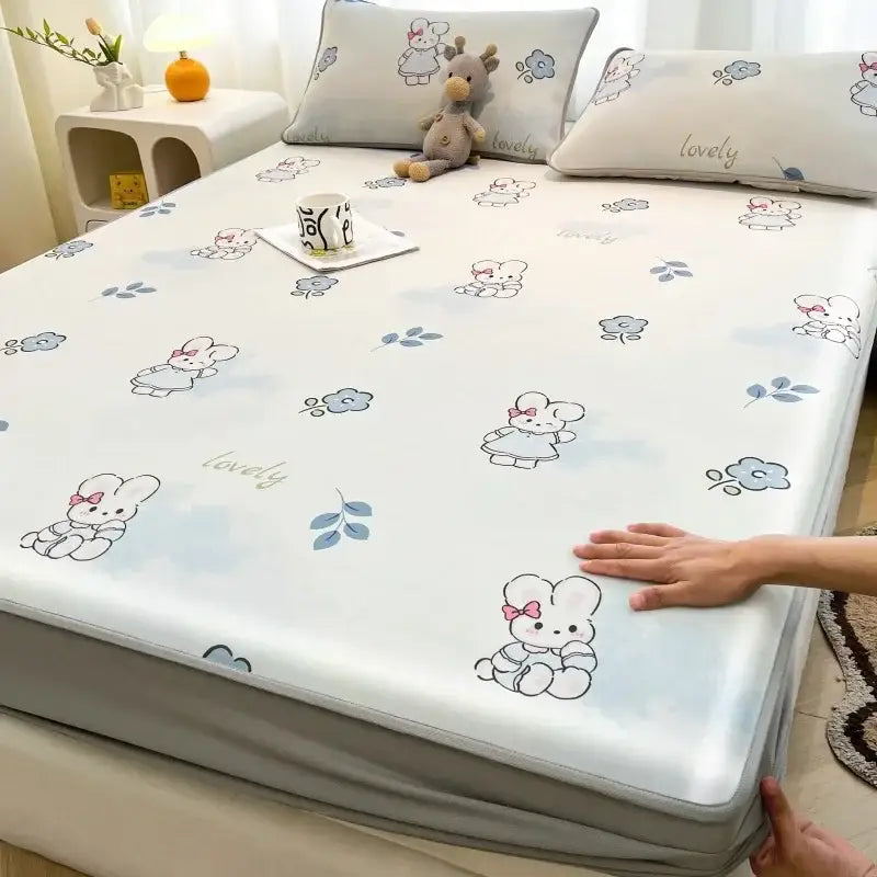White mattress set with cooling ice silk fabric featuring cartoon bunnies pink bows blue flowers and lovely script for decorbites cooling ice