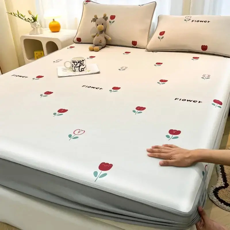 Beige floral patterned bed sheet with red tulip designs and cooling ice silk fabric in cute rabbit floral white mattress set