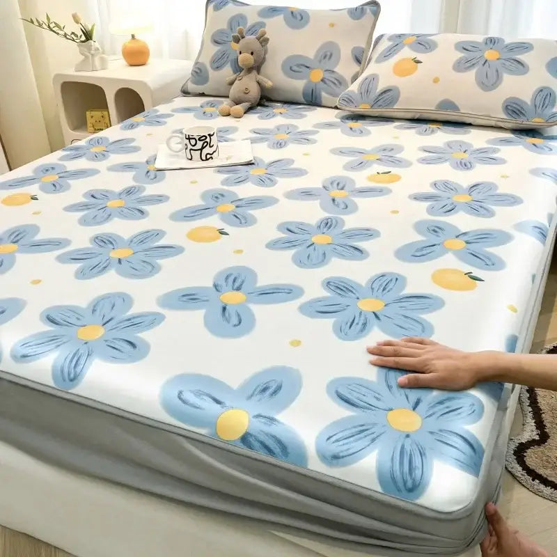 Blue and yellow floral patterned mattress set with gray elastic edge made of decorbites cooling ice silk for bedroom use