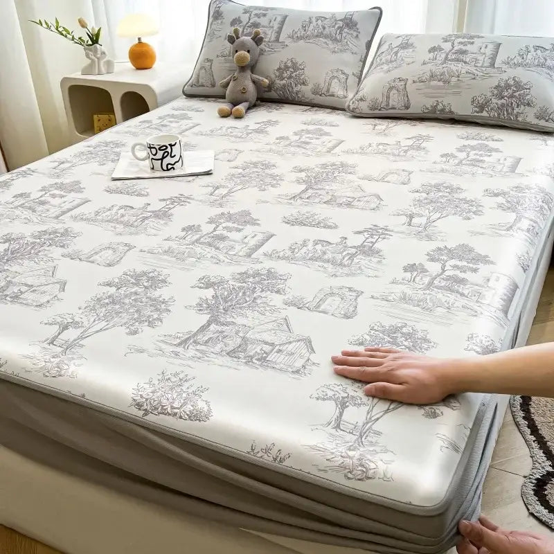 Gray and white toile-patterned mattress set with decorbites cooling ice silk fabric for a soft smooth texture