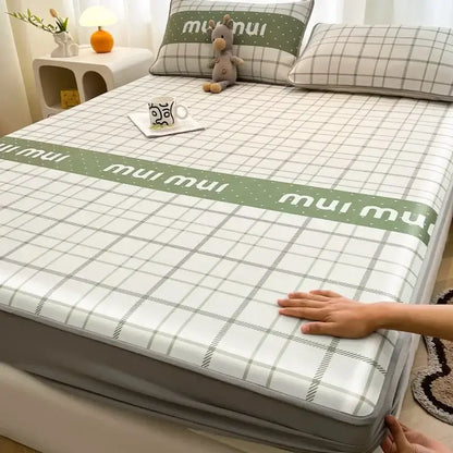 White and gray checkered mattress set with green stripe mui mui text made of decorbites cooling ice silk for bedroom decor