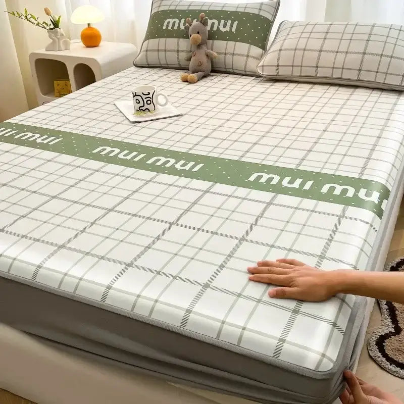 White and gray checkered mattress set with green stripe mui mui text made of decorbites cooling ice silk for bedroom decor
