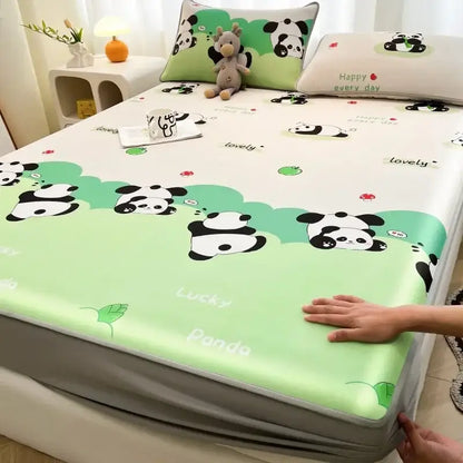 Green and white panda-themed cooling mattress pad with soft satin finish from decorbites cooling ice silk mattress set