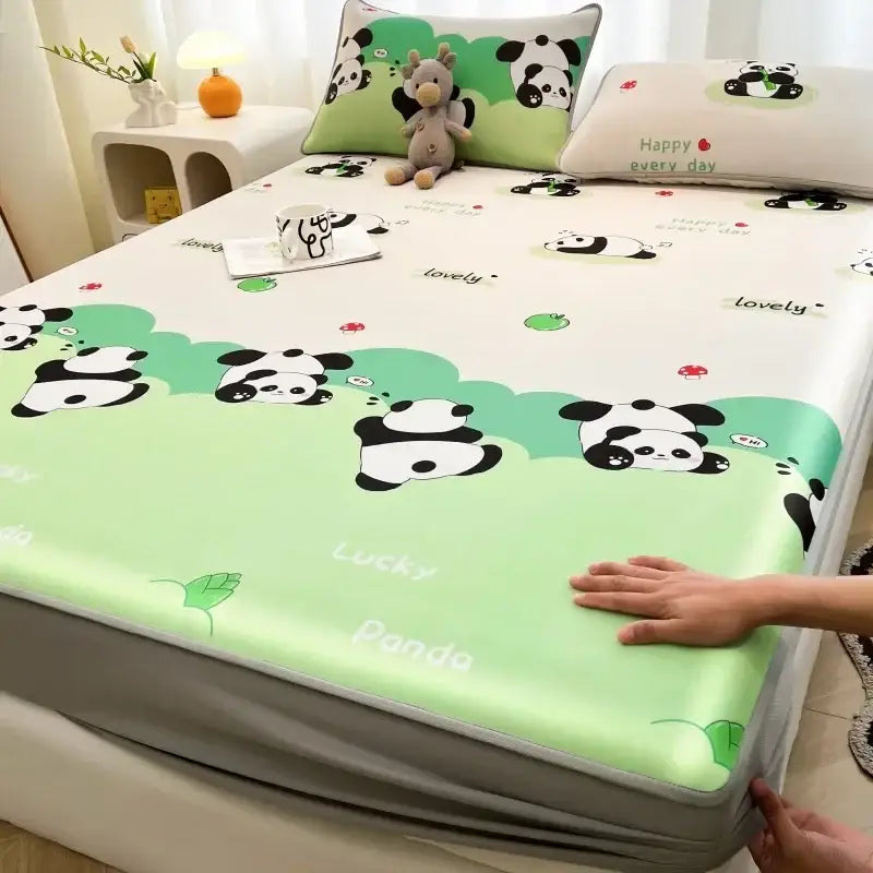 Green and white panda-themed cooling mattress pad with soft satin finish from decorbites cooling ice silk mattress set
