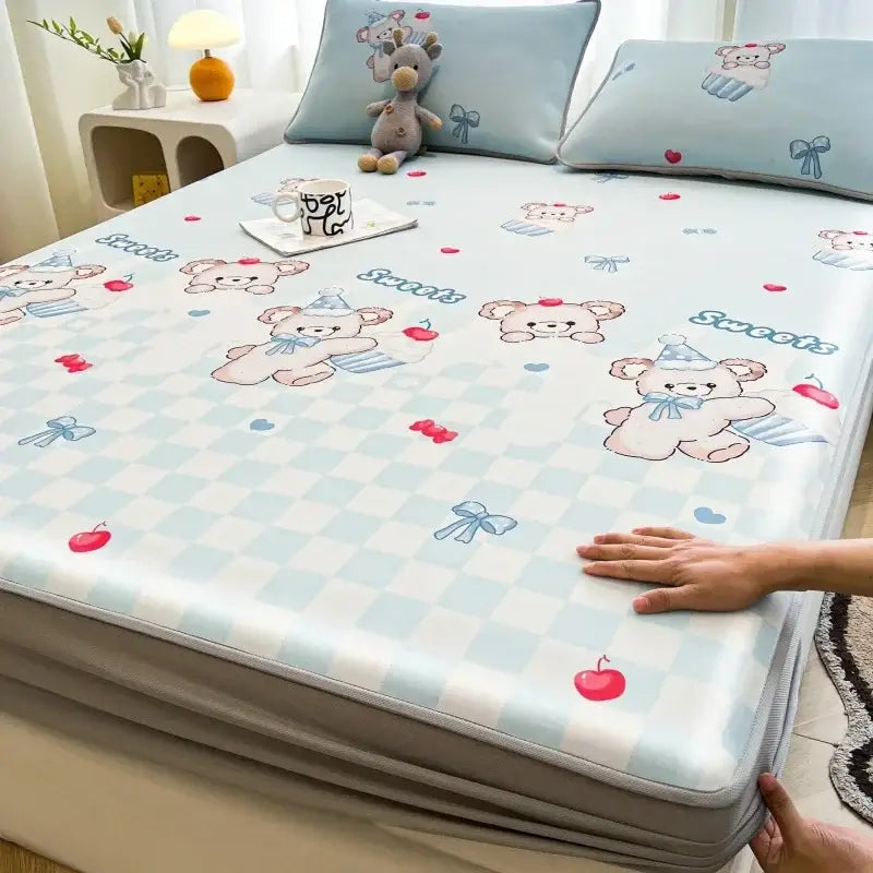 Light blue and white checkered cooling ice silk mattress pad with cartoon bear and cherry patterns in decorbites mattress set