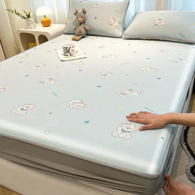 Light blue soft textured mattress pad with cartoon bears and stars in cute rabbit floral white decorbites cooling ice silk set