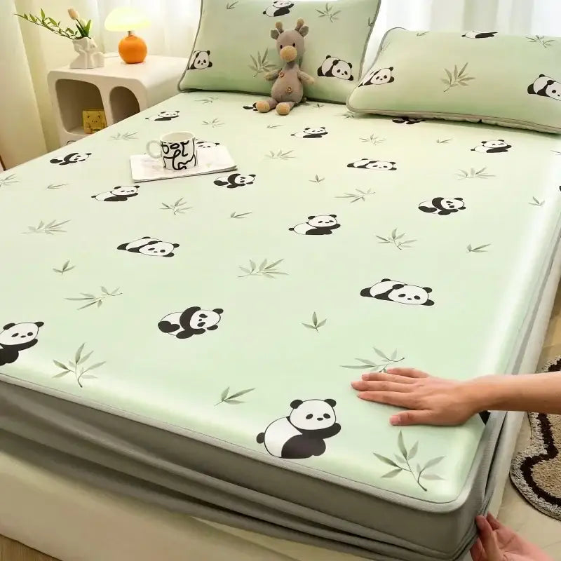 Light green panda and bamboo patterned mattress set with soft cooling ice silk for decorbites cooling ice comfort
