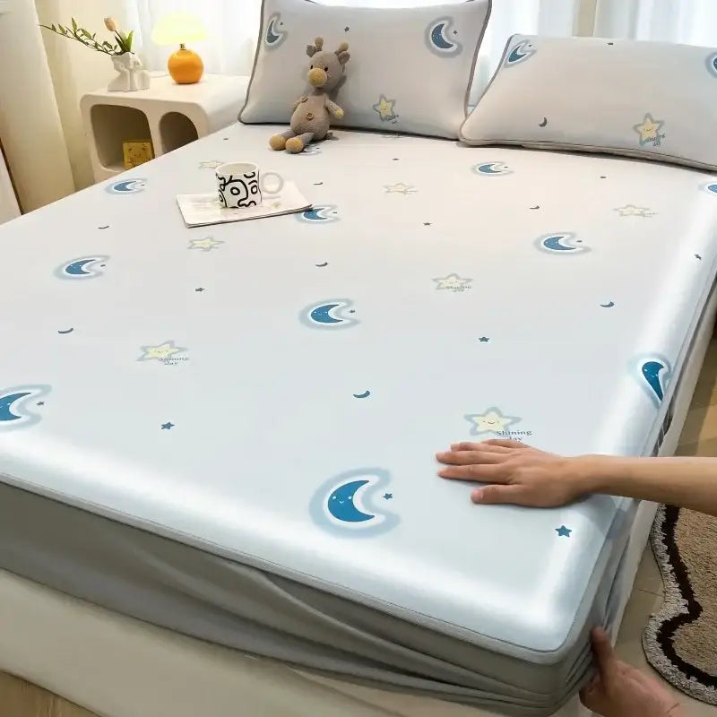 Light blue mattress set with crescent moons and stars pattern in cooling ice silk fabric for decorbites cooling ice comfort
