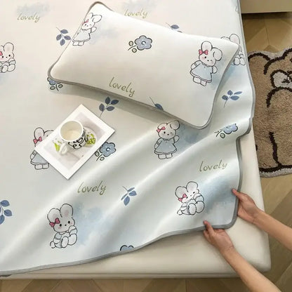 White pillow with cute cartoon rabbit design gray trim from decorbites cooling ice silk mattress set for bedroom decor
