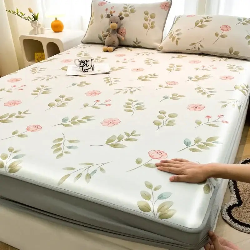 A soft white floral mattress set with pink blossoms made of decorbites cooling ice silk for bedroom comfort