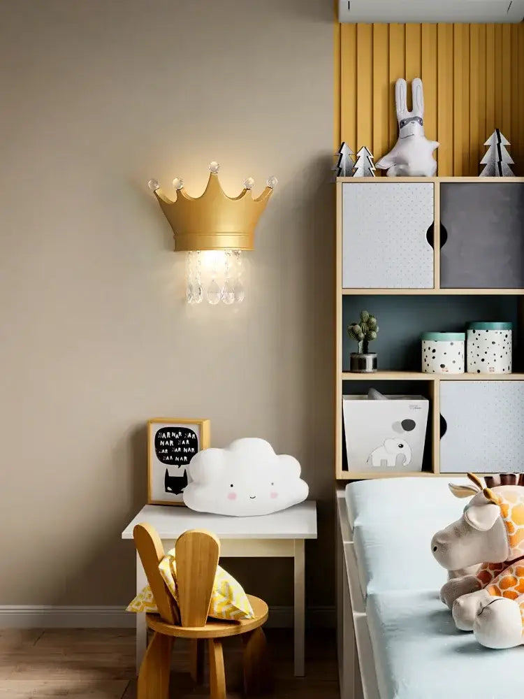 Gold crown-shaped wall sconce with dangling crystal droplets cute resin crystal decorbites cute resin bedroom light