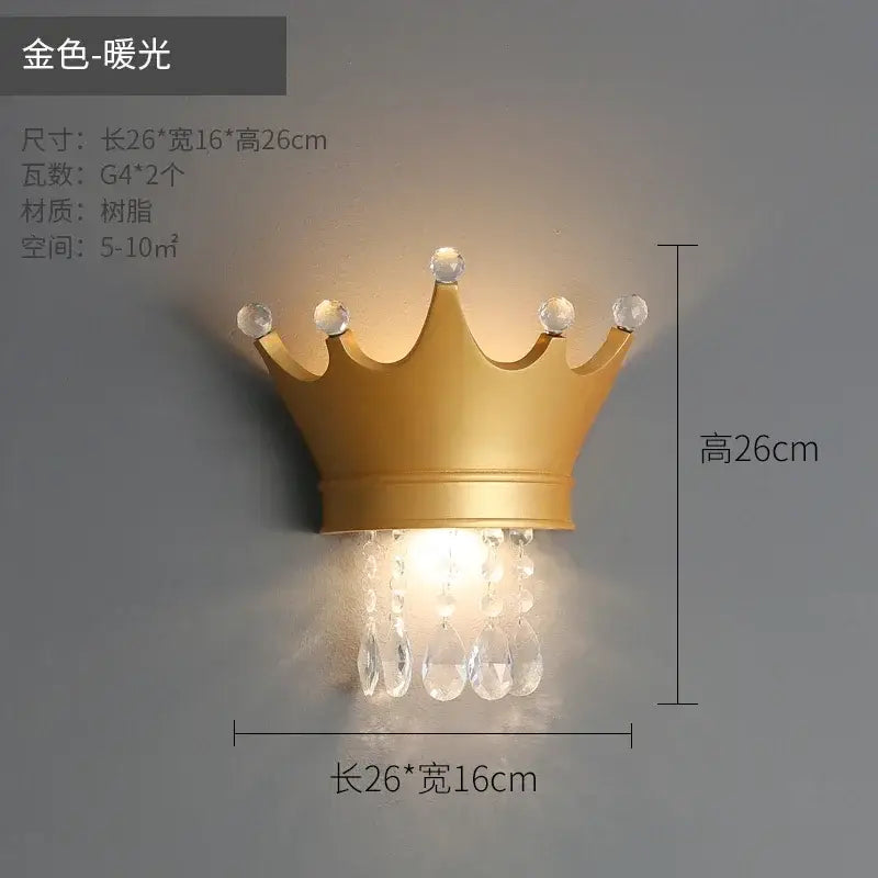 Golden crown-shaped wall sconce with cute resin crystal droplets and decorative spheres for bedroom decorbites cute resin