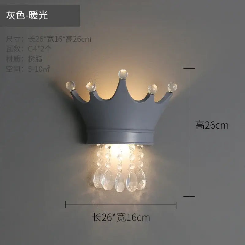 Gray crown-shaped wall sconce with crystal teardrop pendants for decorbites cute resin crystal bedroom light decor