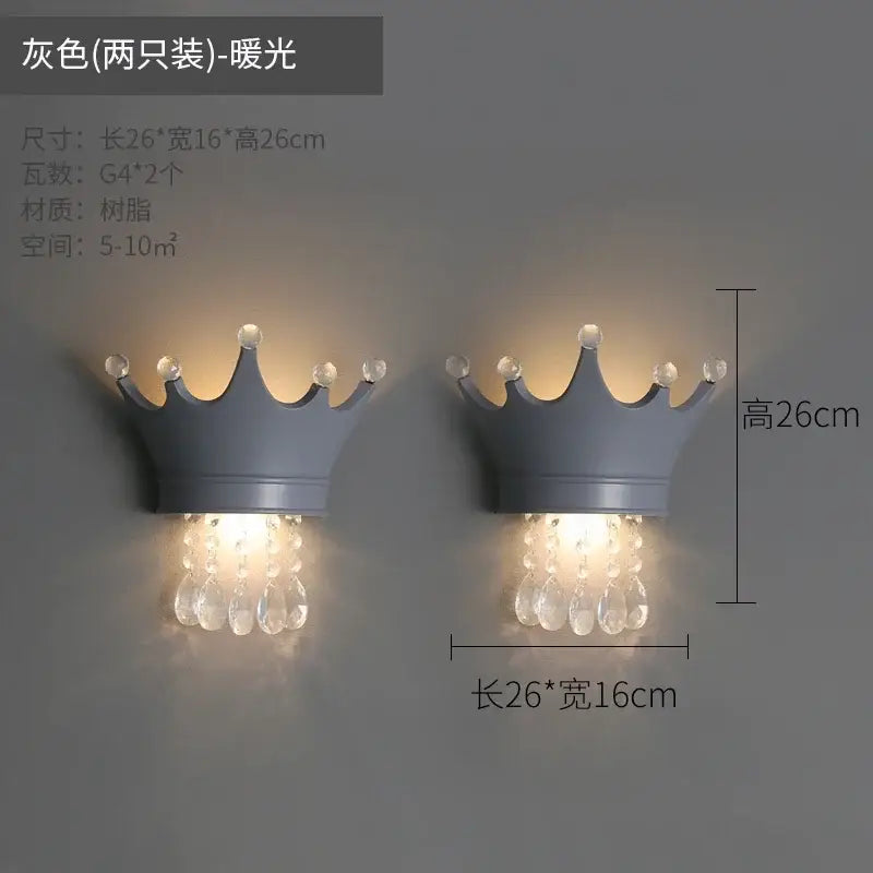 Gray crown-shaped wooden wall sconce with crystal droplets decorbites cute resin crystal bedroom light decor