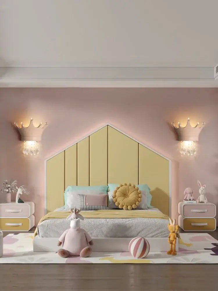 Yellow paneled bed headboard with decorbites cute resin crystal pink crown wall sconce bedroom light on either side