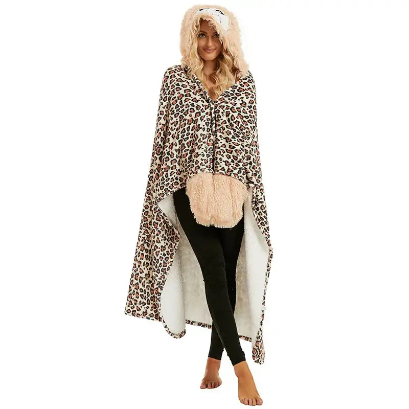Cute sloth beige and pink flannel lap blanket with decorbites cute leopard faux fur hood and fluffy beige tail