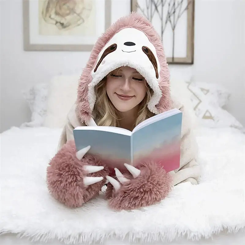 Pink fluffy sloth-themed hooded lap blanket with claw gloves beige pink flannel plush decorbites cute leopard design