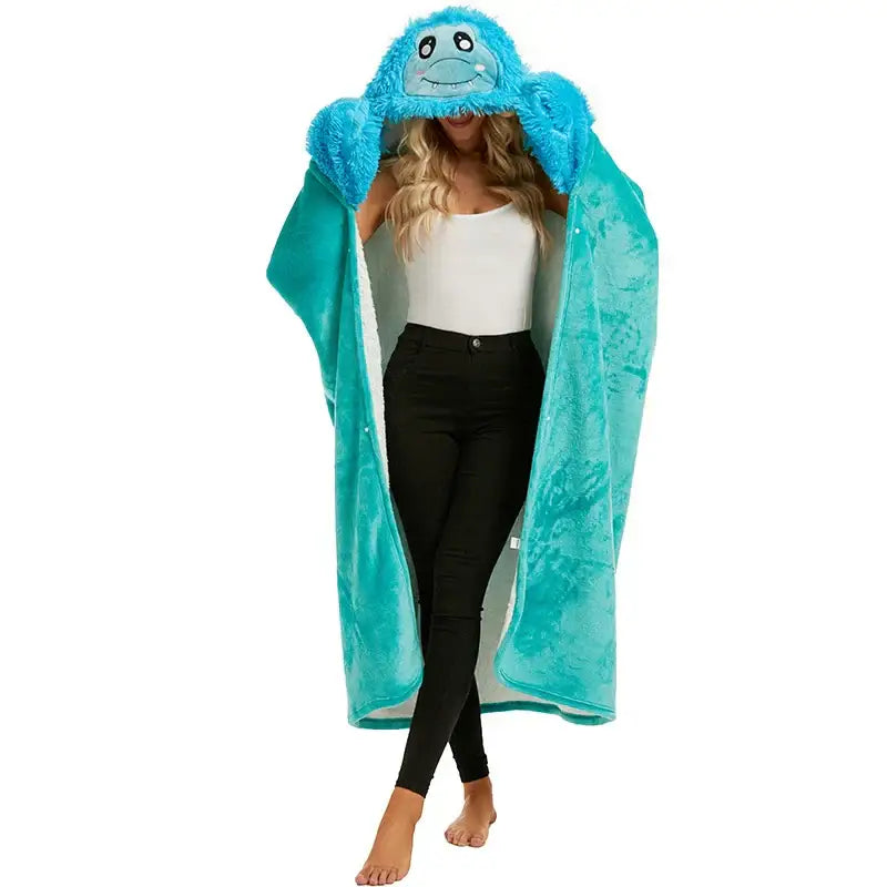Turquoise plush hooded lap blanket with fuzzy smiling yeti face paired with decorbites cute leopard flannel shawl