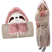 Cozy beige and pink plush sloth-themed lap blanket with flannel material, fluffy hood, and embroidered cute leopard decorbites details
