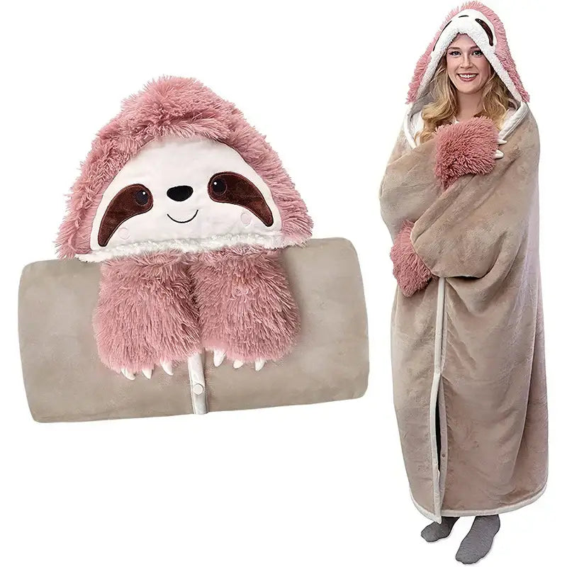 A cozy beige and pink flannel lap blanket with sloth-themed plush design decorative for decorbites cute leopard fans