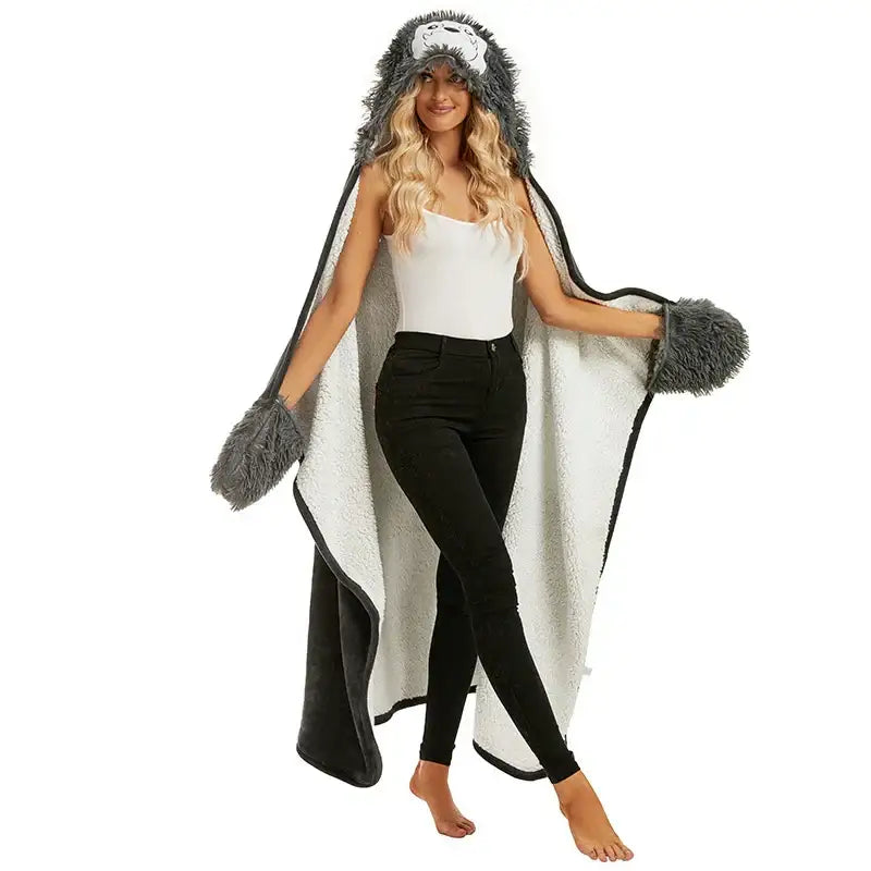 Gray and white plush wolf-themed hooded lap blanket with fuzzy cuffs paired with decorbites cute leopard flannel shawl