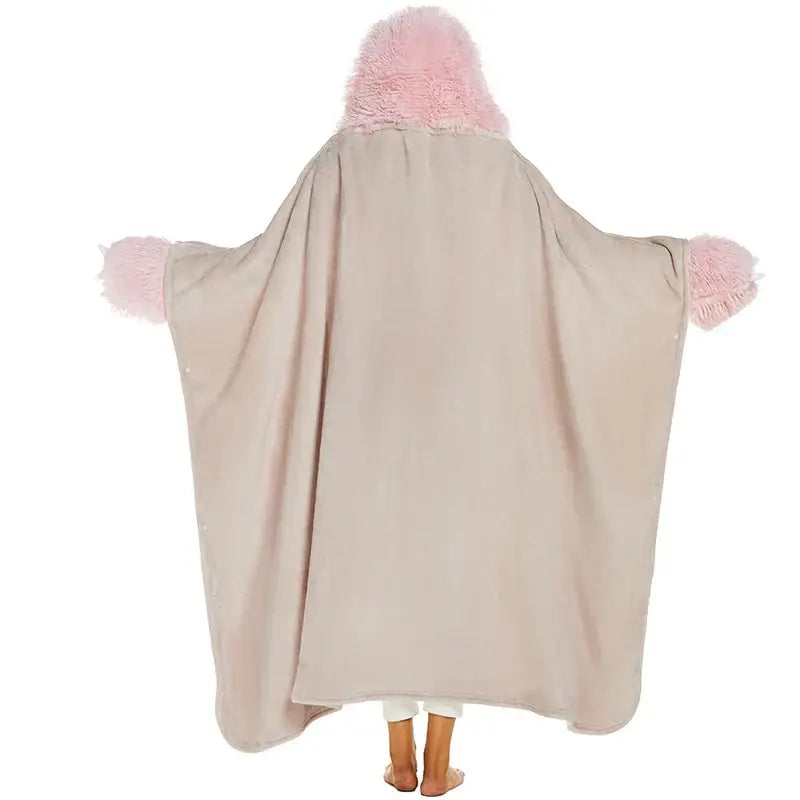 Beige plush hooded lap blanket with pink fuzzy trim made of soft flannel for cozy decorbites cute leopard style use