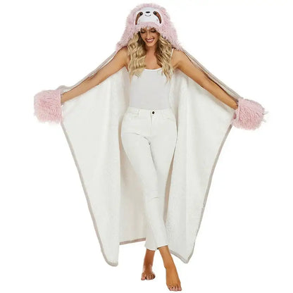 Soft white plush hooded lap blanket with pink fuzzy sloth face and pom-pom cuffs in cute leopard flannel design