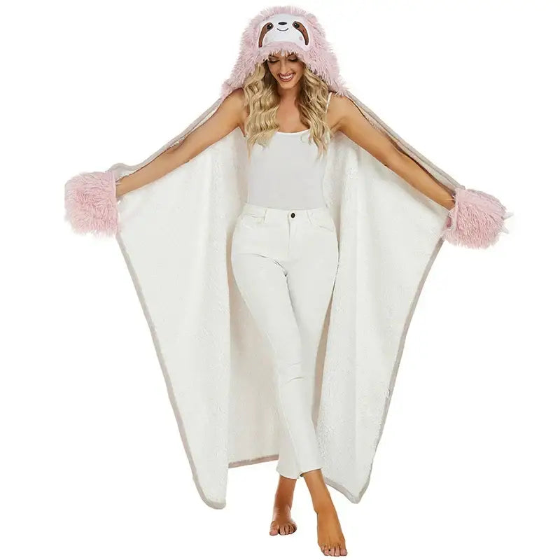 Soft white plush hooded lap blanket with pink fuzzy sloth face and pom-pom cuffs in cute leopard flannel design