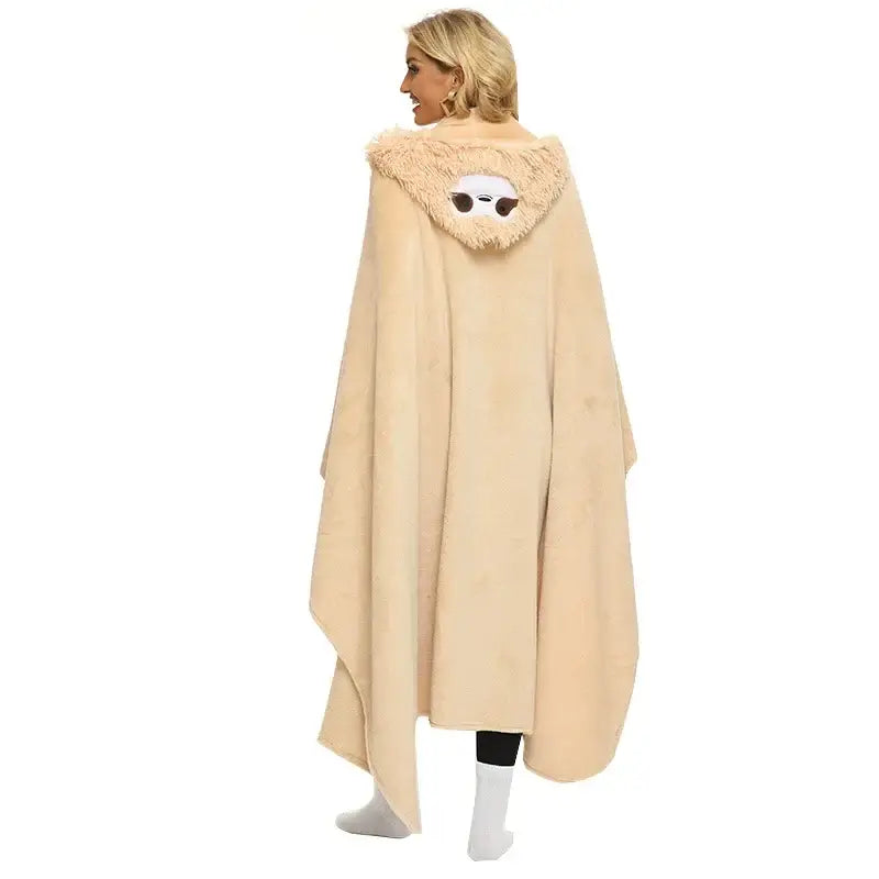 Beige plush decorbites cute sloth flannel shawl blanket with hood and fuzzy trim for bedroom warmth and comfort