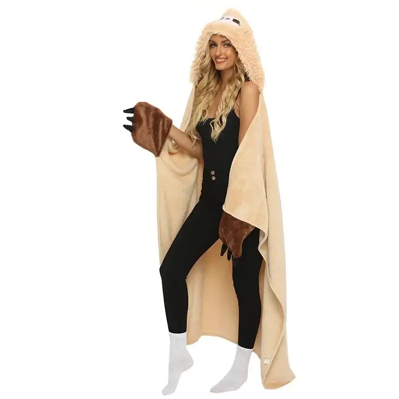 Beige plush decorbites cute sloth flannel shawl blanket with hood and brown claw gloves for bedroom warmth