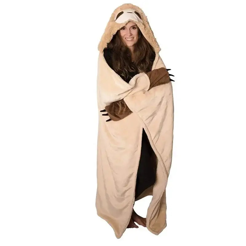 Cozy beige and brown decorbites cute sloth flannel shawl blanket with hood made of soft plush material for bedroom warmth