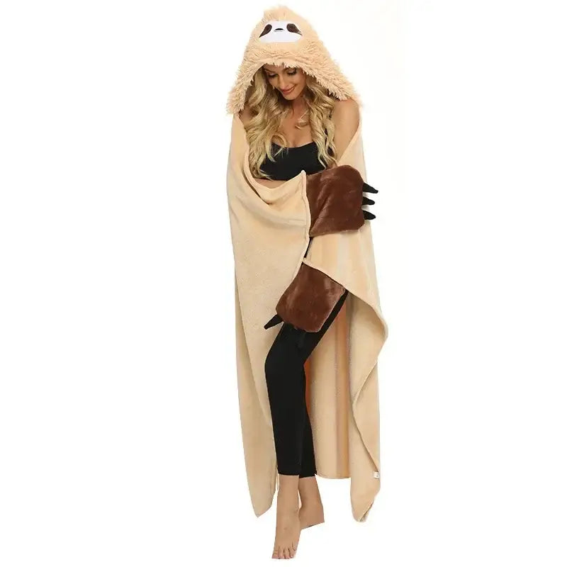 A cozy beige decorbites cute sloth flannel shawl blanket with plush paw cuffs and soft fuzzy texture for bedroom warmth