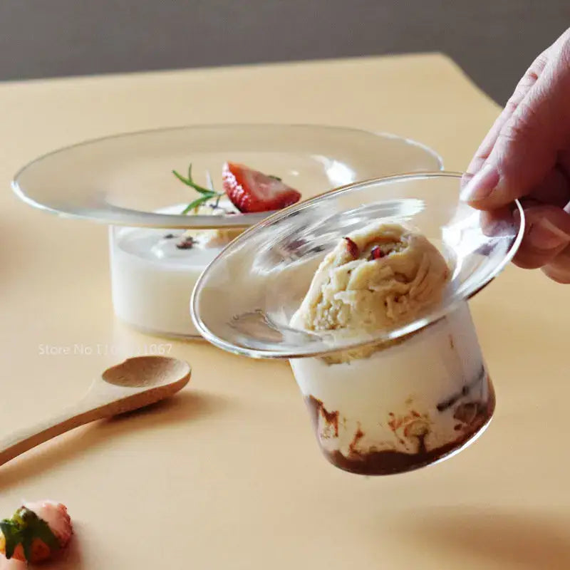 Clear glass bowl dessert dish with matching saucer holding vanilla ice cream over chocolate sauce from decorbites cute straw hat collection