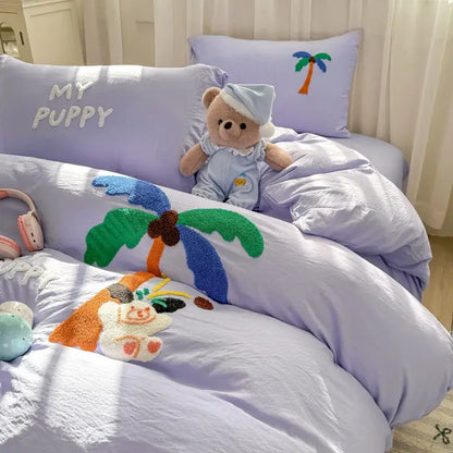 Lavender bed set with plush palm tree and puppy decorbites cartoon embroidery for soft blue bedroom decor
