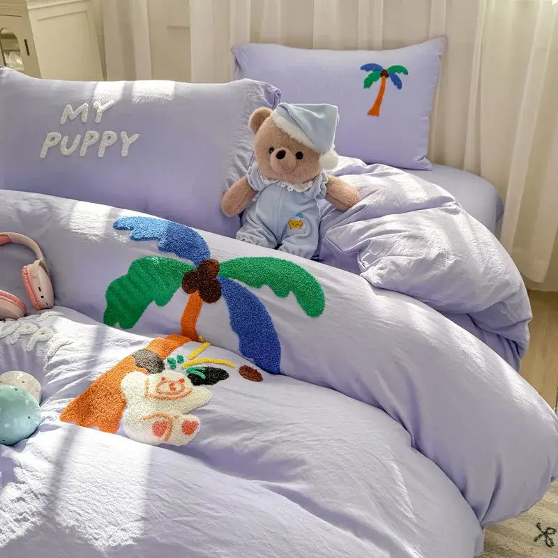 Lavender bed set with plush palm tree and puppy decorbites cartoon embroidery for soft blue bedroom decor
