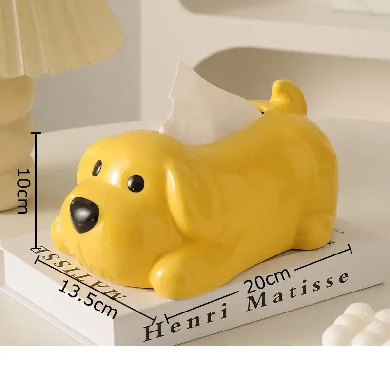 Yellow ceramic tissue box shaped like a sleeping cartoon puppy with black eyes and nose for decorbites cartoon puppy tissue decor
