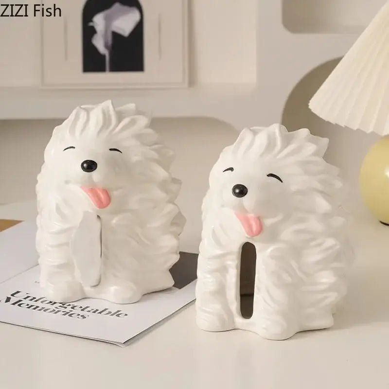 Cute white ceramic poodle cartoon puppy tissue box with fluffy textured fur and pink tongues for bedroom decorbites cartoon puppy decor