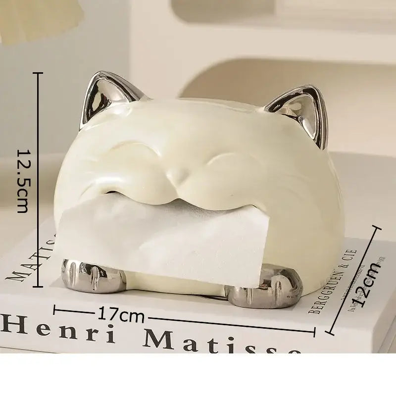 Cream-colored ceramic cat-shaped tissue box with shiny silver ears and paws for decorbites cartoon puppy tissue decor