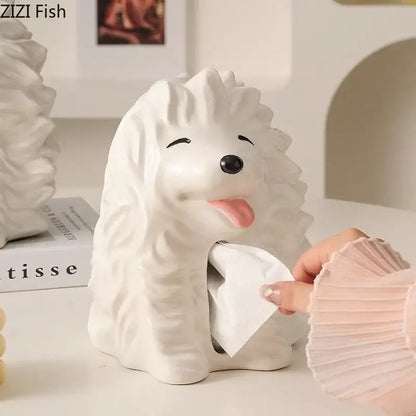 Cute white ceramic poodle cartoon puppy tissue box with black eyes and pink tongue for bedroom decorbites cartoon puppy decor