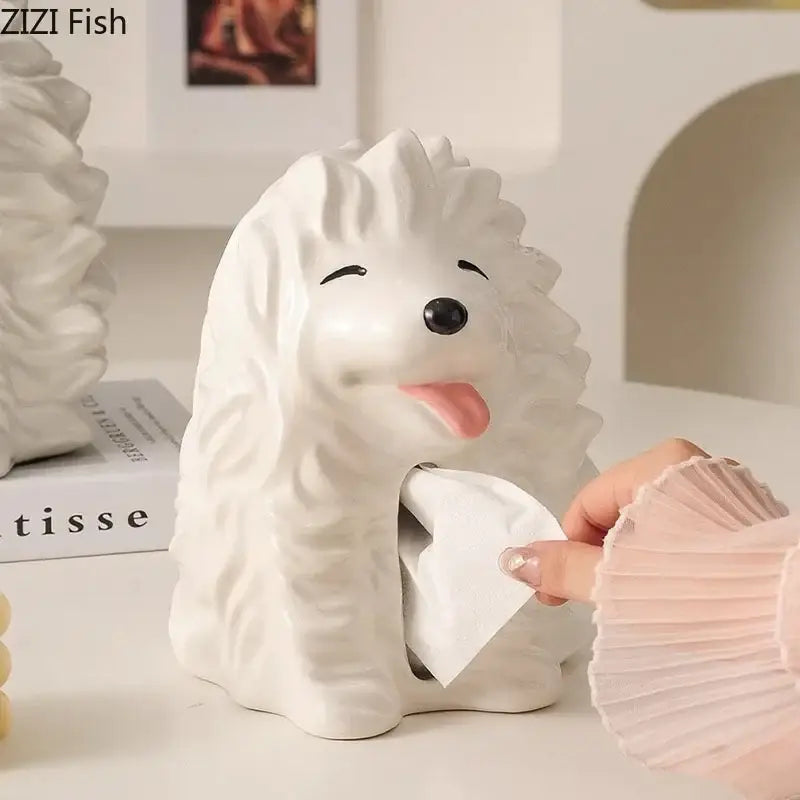 Cute white ceramic poodle cartoon puppy tissue box with black eyes and pink tongue for bedroom decorbites cartoon puppy decor
